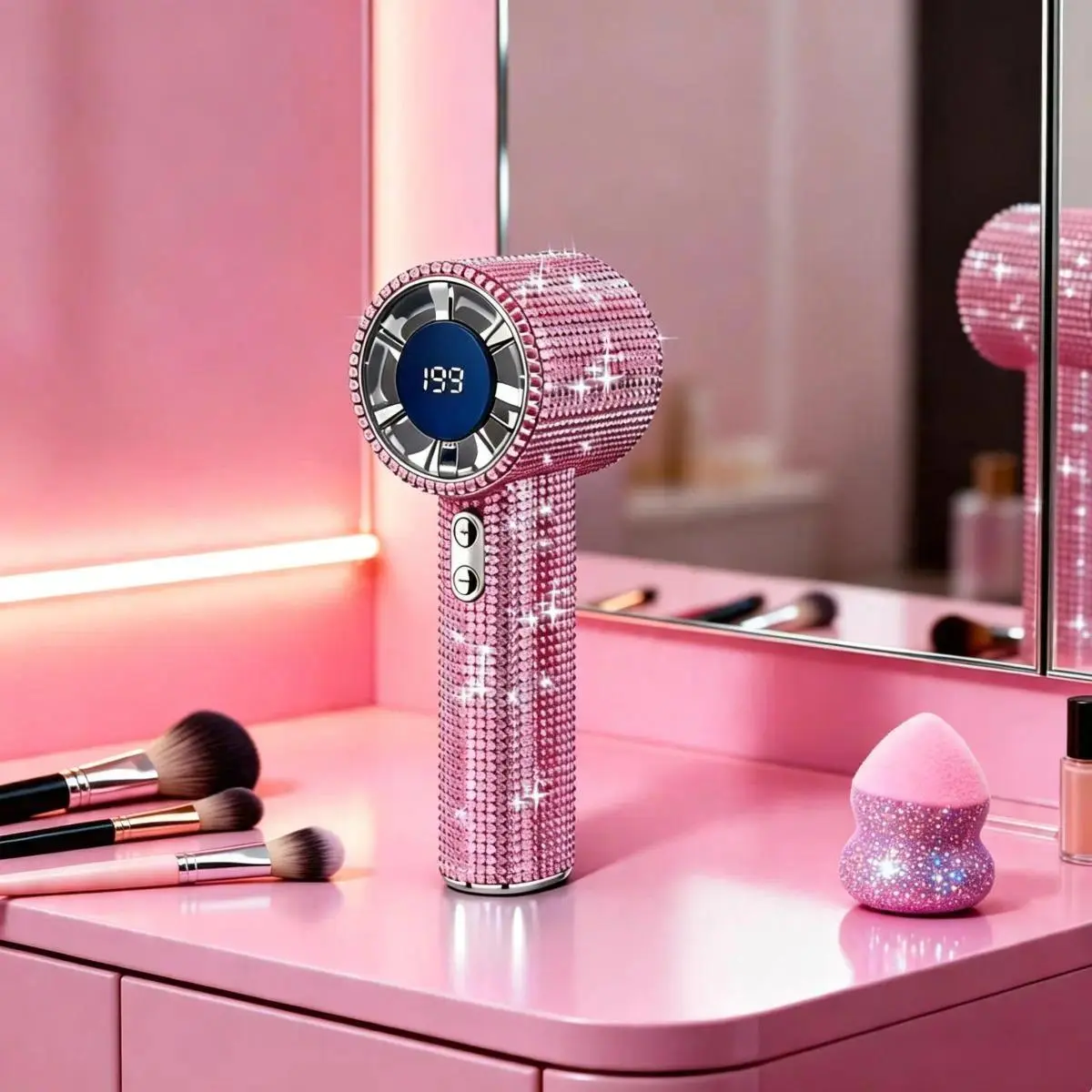 Bling Rhinestone Handheld Fan with Digital Display, 3-Speed Rechargeable Mini Portable Cooling Fan for Makeup Drying & Travel, Y2K Aesthetic Women's Party Gift
