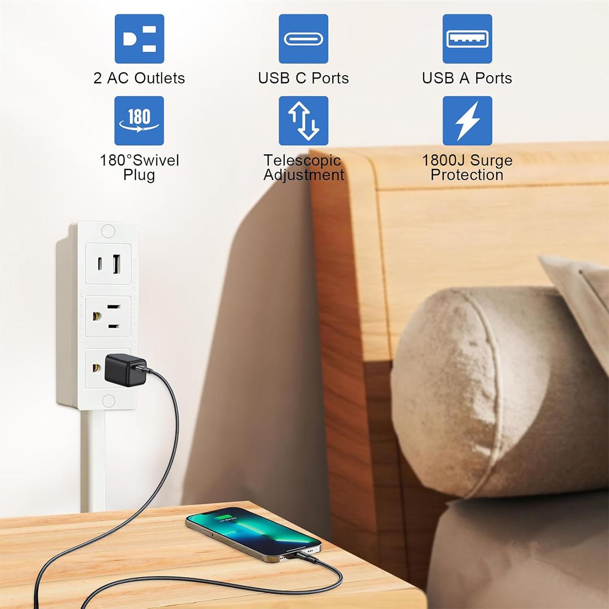 Power Socket Expander 180° Rotating Outlet Extender with 17"-27" Adjustable Extension Cord 2 AC Outlets + USB-A/USB-C Fast Charging Fire-Resistant & Overload Protection for Tight Spaces Behind Couches Beds Desks