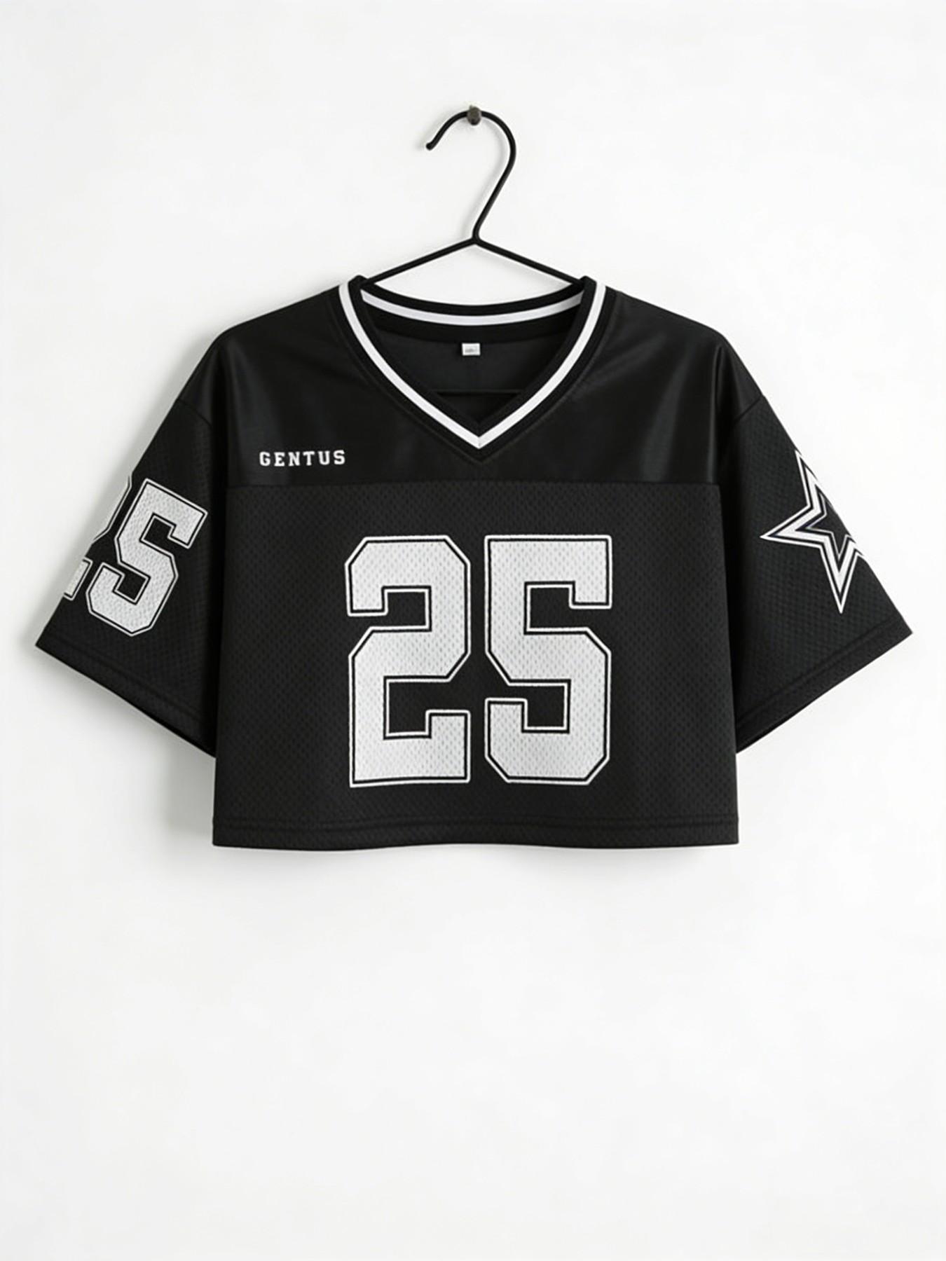 Women's cropped soccer jersey, #25 printed mesh top, Y2K street style V-neck short-sleeved T-shirt, breathable sporty style, casual summer cropped top, suitable for sports, everyday wear, parties, and looks great with jeans and shorts.