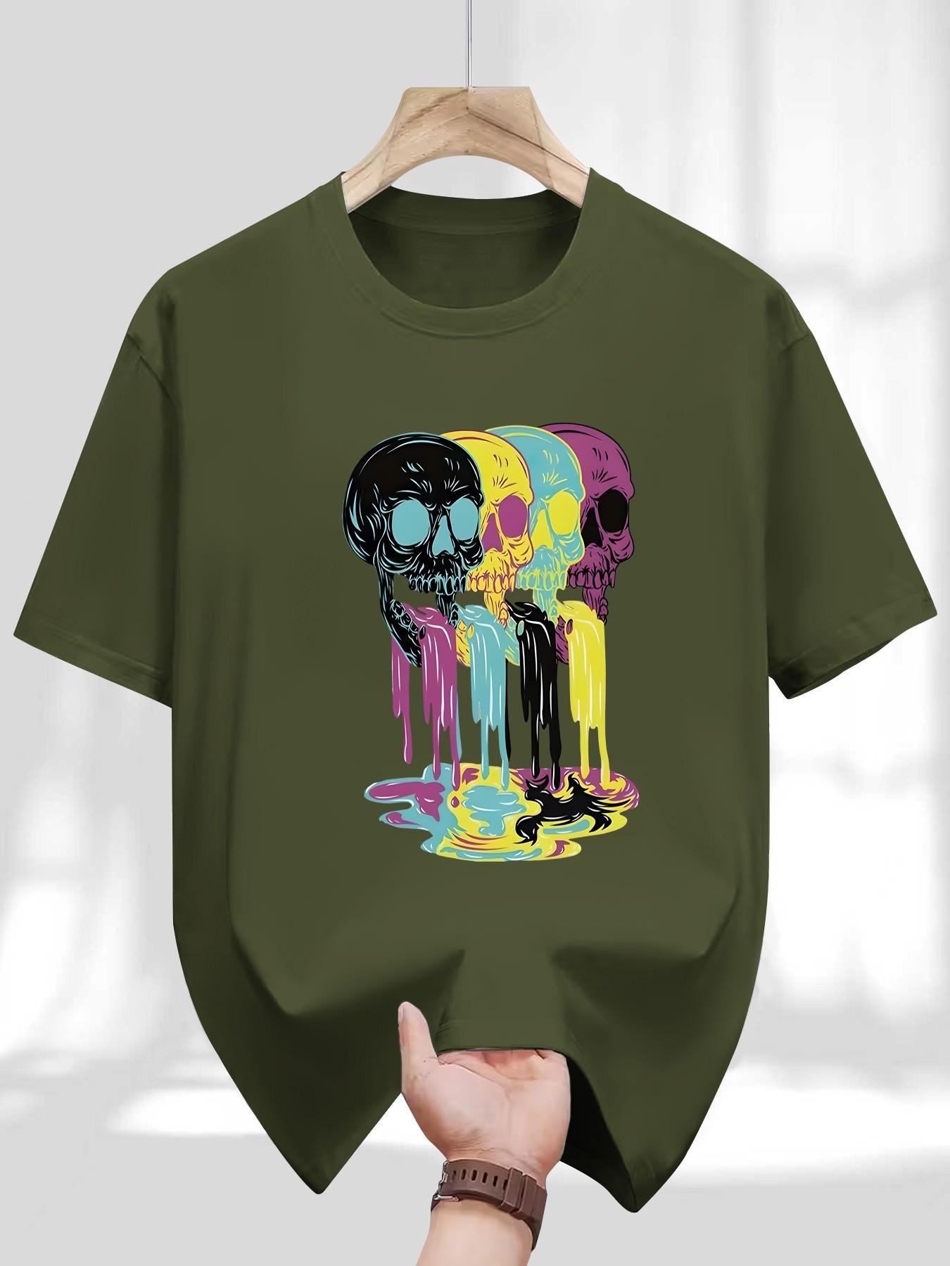 Men's Round Neck T-Shirt, Fashion Colorful Skull Geometric Print, Retro Religious Style, Casual Long Sleeve, Perfect for Daily Wear