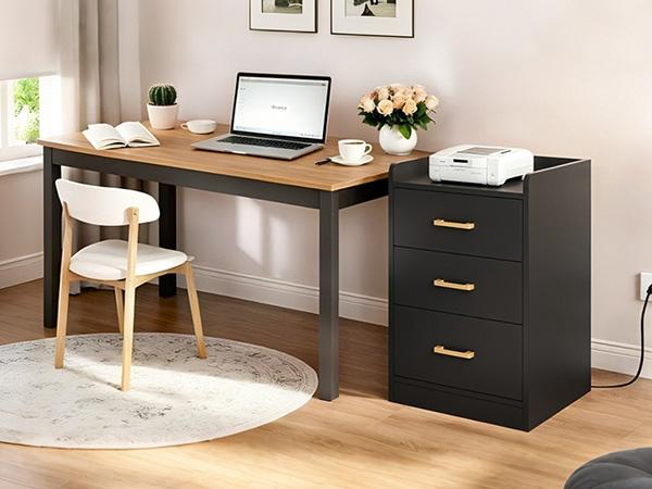 FOTOSOK Nightstands Set of 2 Black Nightstand with Charging Station, 3 Drawer Nightstand with Gold Handles, Side Table for Home Office
