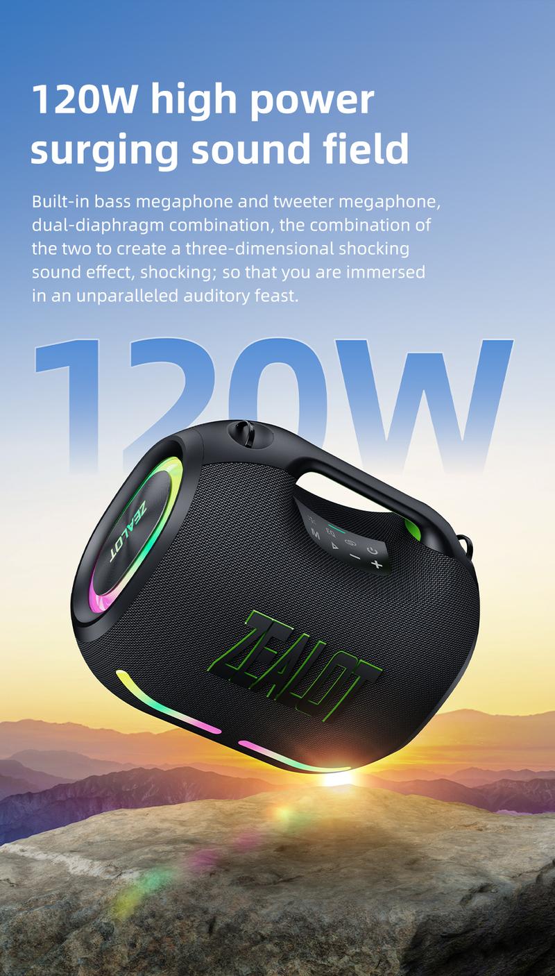 120W【ZEALOT】24000mAh/LIMITED/OFFERS Portable Speaker Bluetooth Speaker Party Speaker Waterproof IPX6 RGB Lights Power Bank TWS supports TWS pairing/USB/TF/AUX/BT smartphones. Ideal choice for family/car/Pool Party/BBQ/camping/gift giving