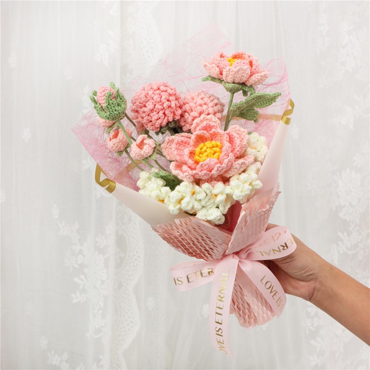 Handmade Knitted Flower Bouquet, Artificial Peony Fake Flowers, Mother's Day Valentine's Christmas Birthday Gift, Wedding Decoration, Artificial Mixed Flower