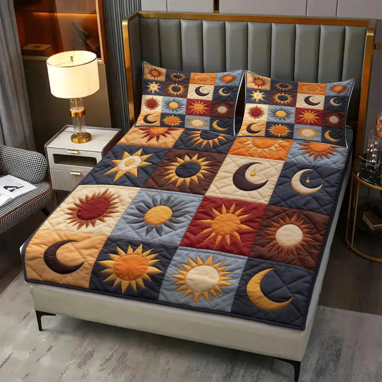 3Pcs Sun and Moon Pattern Patchwork Boho Fitted Sheet Set,Bohemian-Themed Bedding Set,Blending Freedom and Mystery, Creating A Story-Filled Bedroom Scene.Durable Soft Bedding,for Room Decoration. Includes 2 Pillowcases without Inserts.
