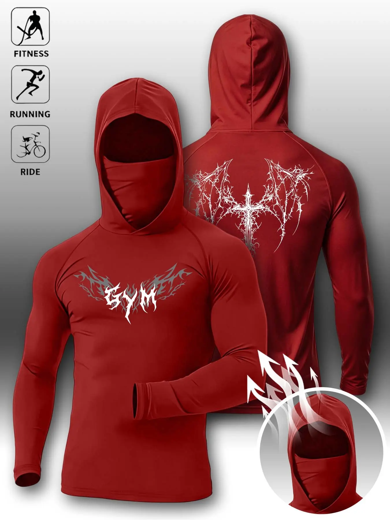 Men's Spring Summer Cycling Sporty Hooded Sun Protection Shirt, Breathable Elastic Face Design, Gym Letter Pattern, Long Sleeve Outdoor Fitness Wear