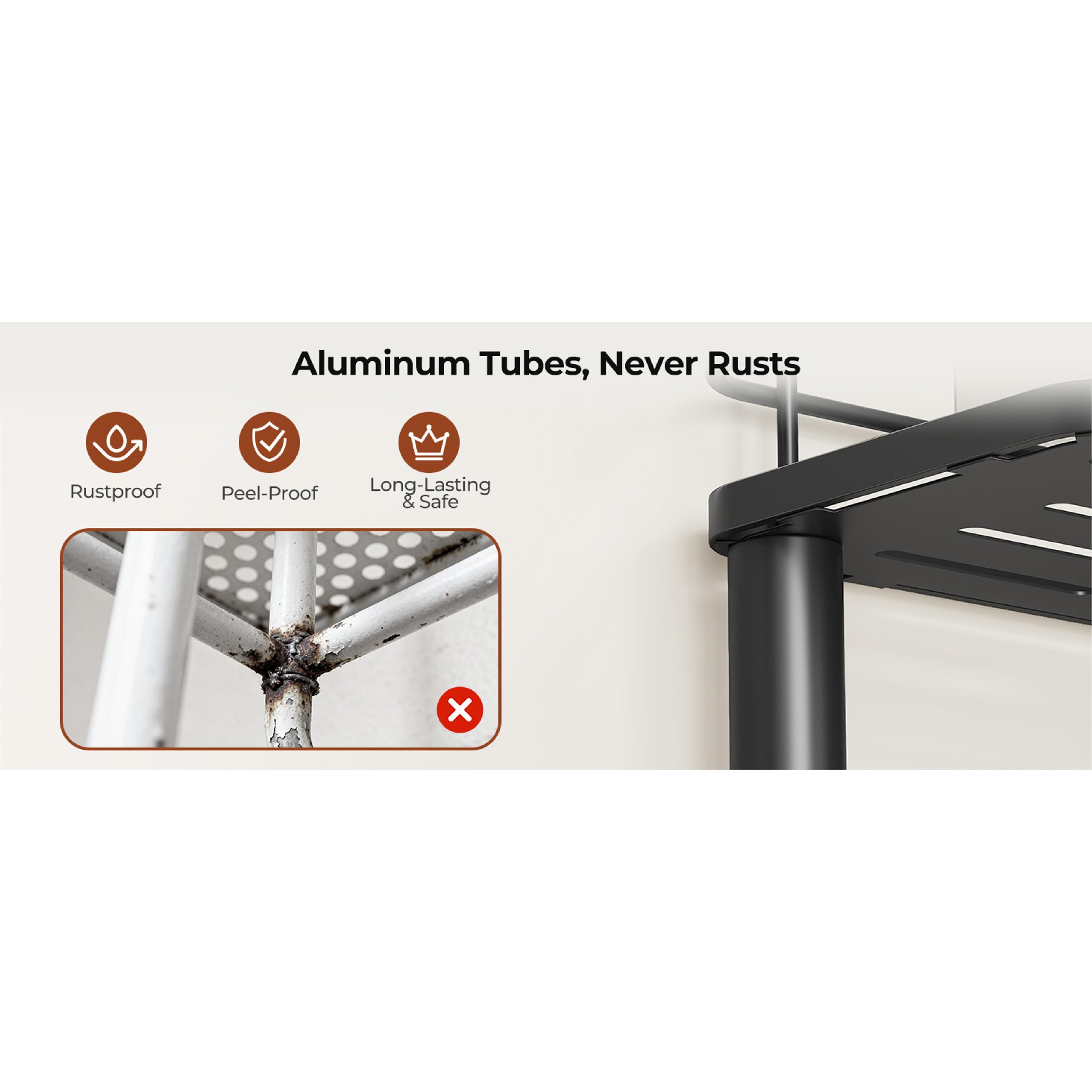 Rustproof 3 Tier Floor Standing Corner Shower Caddy Organizer with Toothbrush Holder, Large Spacing Floor Shower Shelf Rack Storage Stands with Hooks for Bathroom Kitchen, Black