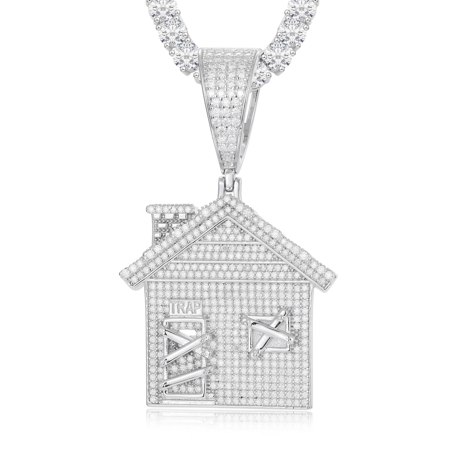 【#P242】UCCIYO 925 Sterling Silver Synthetic Moissanite House Pendant Necklace Classic Doorstop Pendant Men's Fashion Hip Hop Women's Jewelry