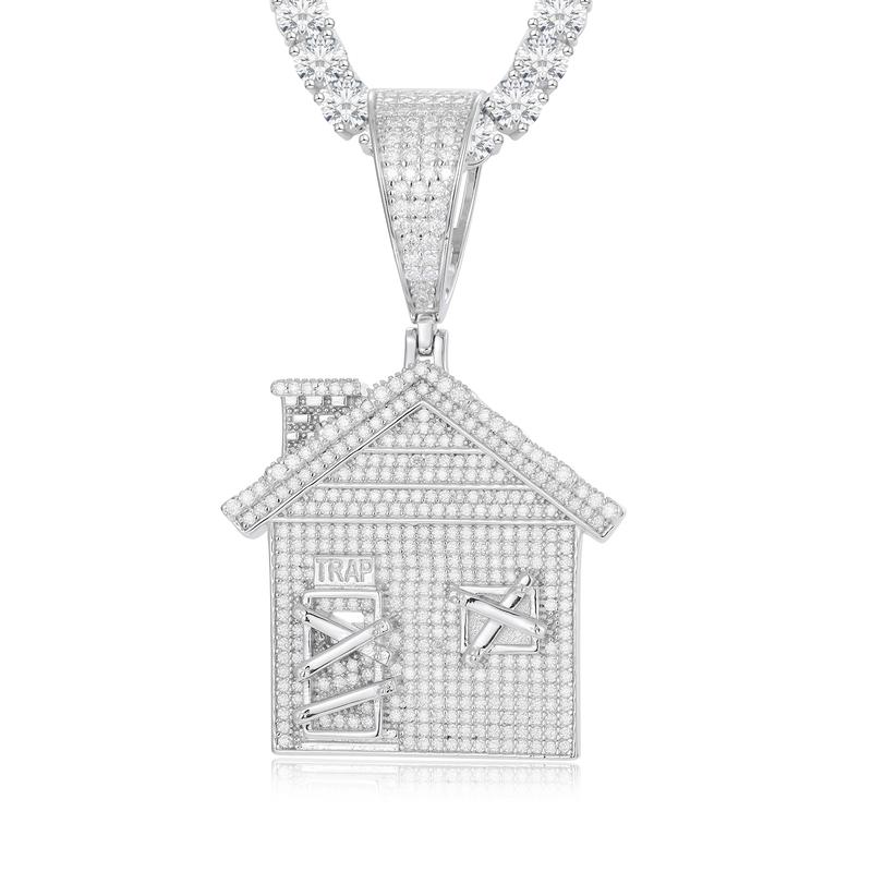 【#P242】UCCIYO 925 Sterling Silver Synthetic Moissanite House Pendant Necklace Classic Doorstop Pendant Men's Fashion Hip Hop Women's Jewelry