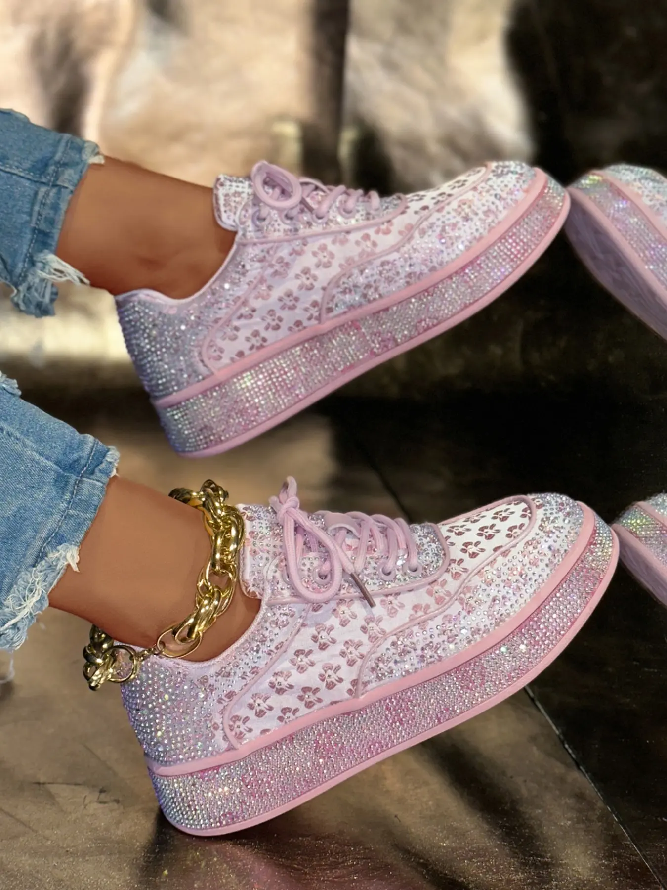 Women's Leopard Print Thick Sole Casual Sneakers, Sparkly Rhinestone Lace-Up Platform Shoes, Fashionable Height-Boosting Shoes