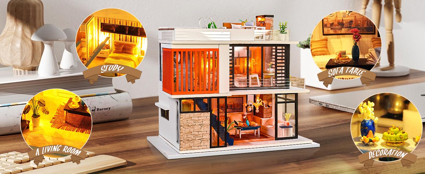 Spilay Laser Cut DIY Wooden Miniature Dollhouse Kit for Adults, Crafting Handcraft Mini-Architecture Building Block Toy with Warm Light, Music Box, Detailed Furniture & Bookshelf Decor Gift Option