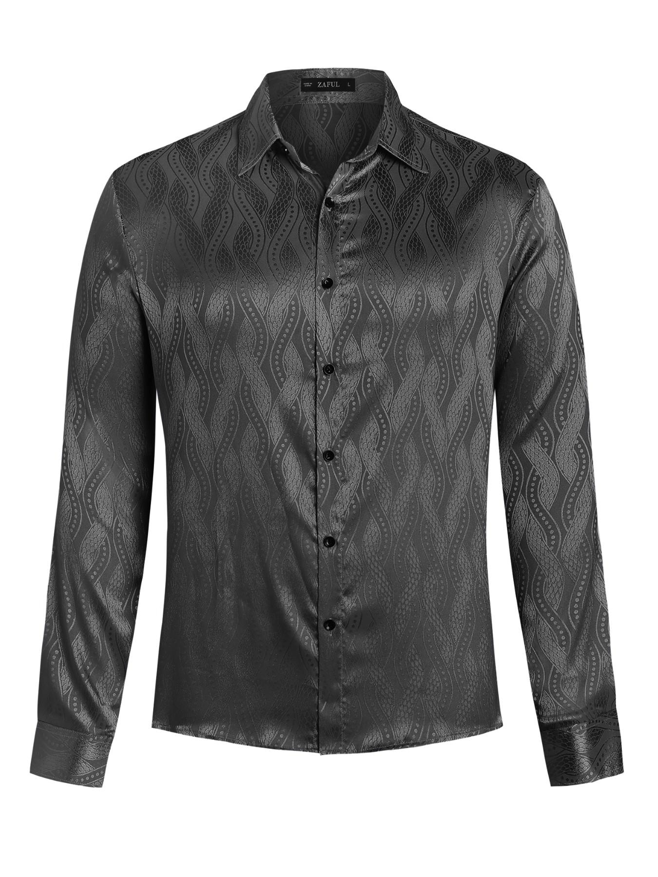Men's Jacquard Button Front Shirt, Regular Fit Casual Long Sleeve Collared Top for Business Work Office, Fashion Men's Clothes for All Seasons