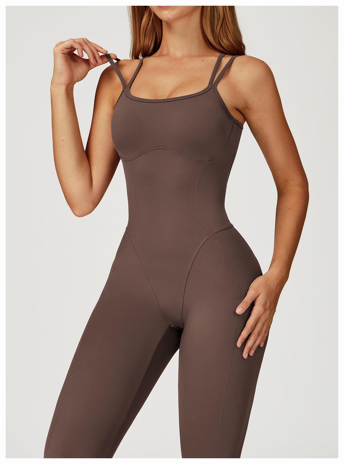 Nude-feel one-piece bodysuit with cross-back design, slim-fit yoga wear for outdoor running and fitness activities