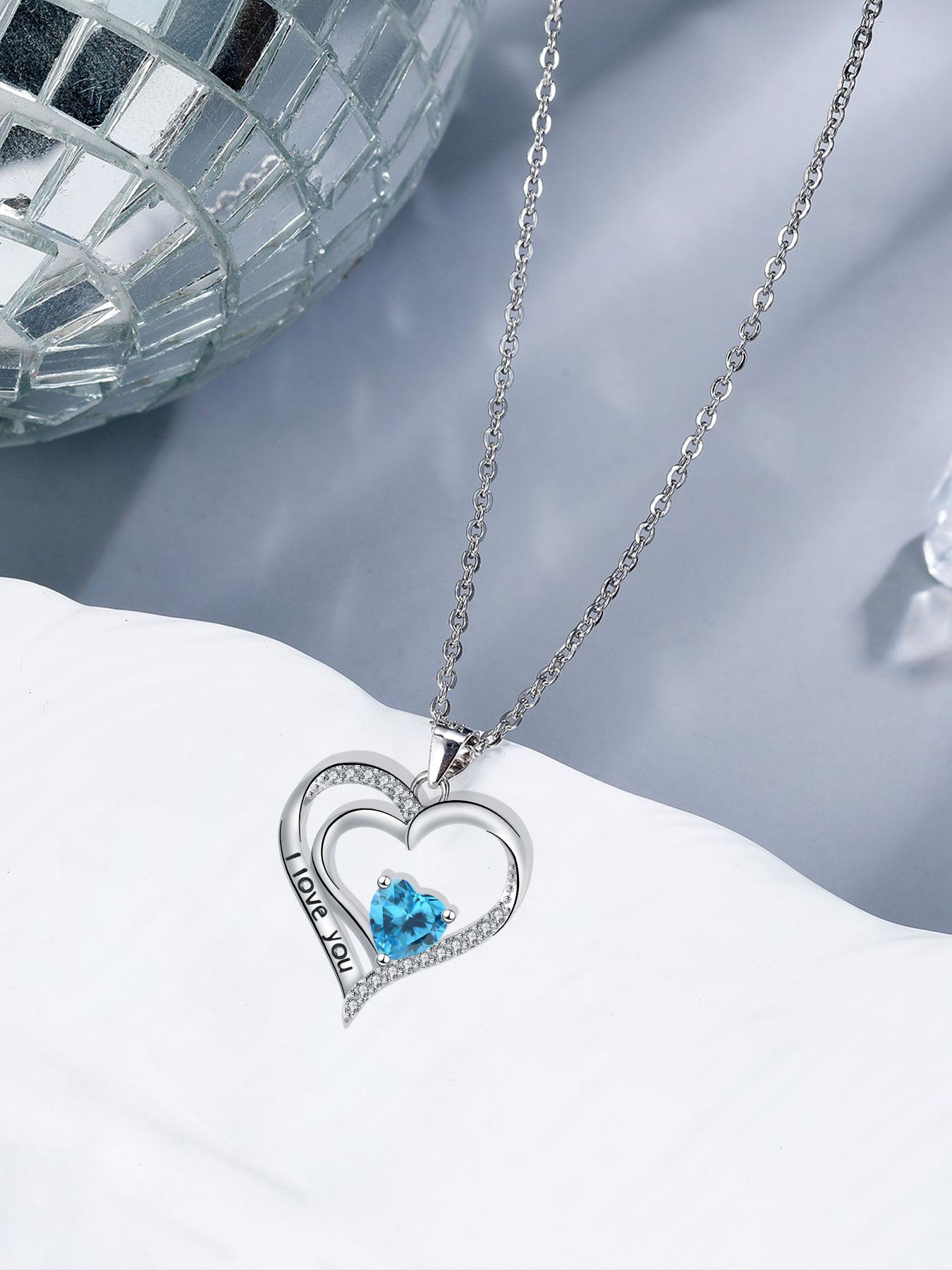 Heart Shaped Cz Birthstone Necklace, I Love You Pendant, Mos Bear Rose Jewelry Gift Box, Girlfriend Birthday Anniversary Present, Exquisite Jewelry Gift