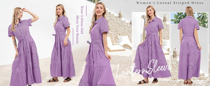 utcoco women's summer striped dress with tie waist ruffles long casual Shortsleeve Womenswear shirt dress