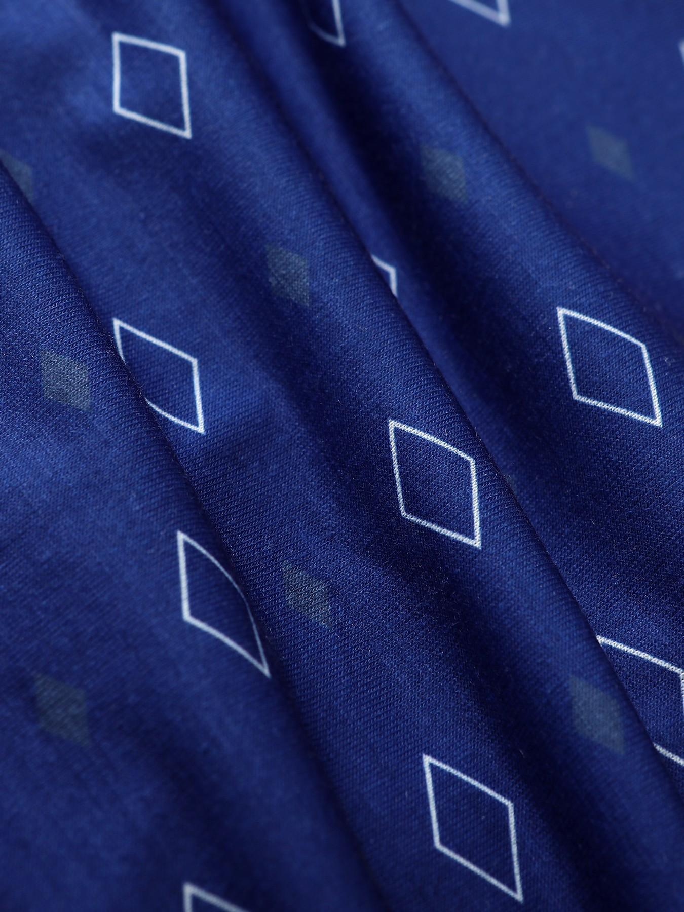 Men's Navy Blue Geometric Print 2-Piece Pajama Set - Notch Collar Button-Down Shirt + Elastic Cuff Pants, Soft Breathable Fabric, Relaxed Fit for At-Home Lounging, Sleep & Lazy Weekends