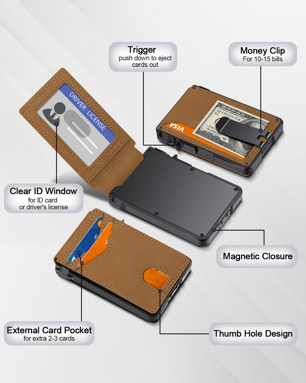 Men's Slim Minimalist Wallet with Money Clip - Holds 9-13 Cards, RFID Blocking Pop-Up Card Holder & ID Window, Aluminum Metal Bifold Wallet