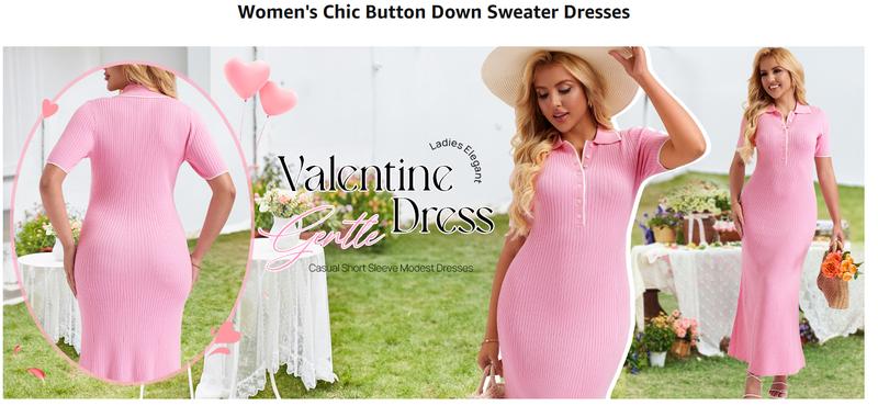 MEROKEETY Women's V Neck Ribbed Knit Maxi Dress Button Short Sleeve Slim Fit Bodycon Sweater Dress