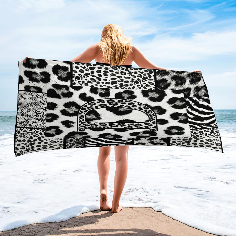 Leopard Print Letter Beach Towel, Black White Animal Patchwork Beach Blanket, Quick Dry Sand Free Bath Towel for Swimming Pool Camping, Monogram Initial Decor for Kids Teens Adults