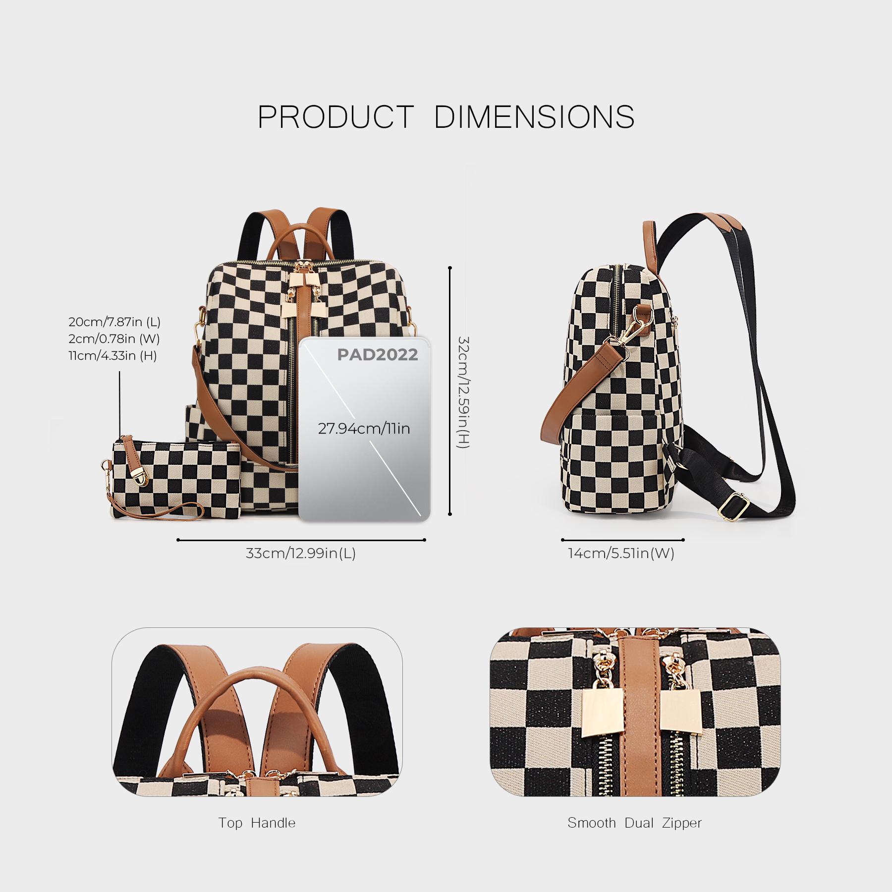 Checkerboard Pattern Backpack Set, Women'S Vintage Trendy Casual Large Capacity Zipper Travel Backpack & Wristlet, Multifunctional Bag Set For Daily Use