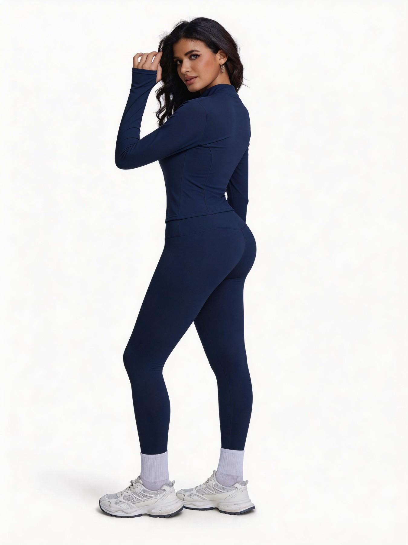 Women's Two-Piece Sport Set, Long Sleeve Zipper Yoga Jacket & High-Waist Tight Pants, Slim Fit, Fall Winter, Gym Running Fitness
