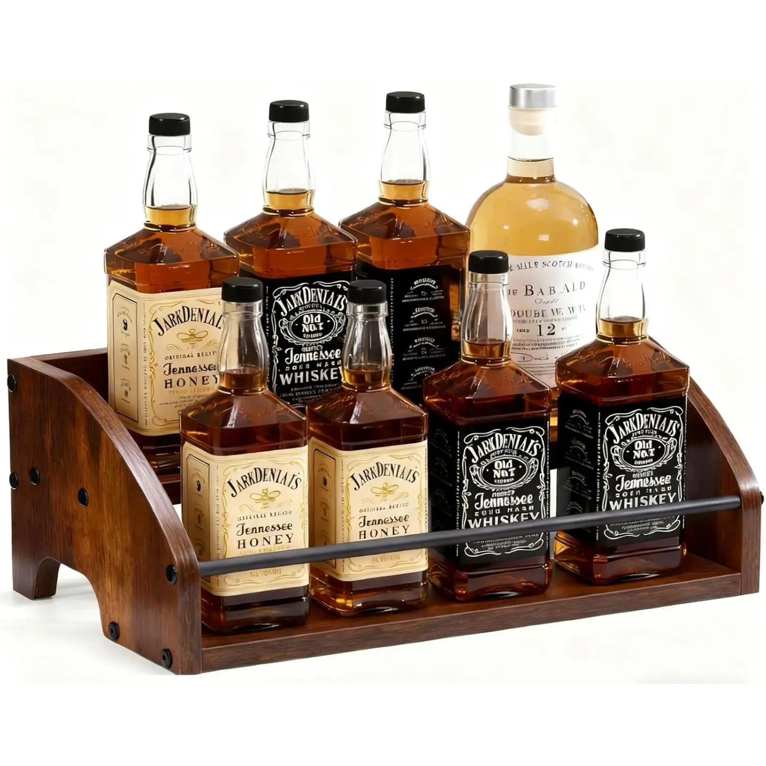 Wooden Liquor Bottle Display Shelf, 2 Tier Countertop Liquor Wine Rack, Coffee Syrup Rack Organizer, Mini Bar Home Retro Bar Shelves Stand for Bourbon Whiskey, Spirits, Alcohol Storage
