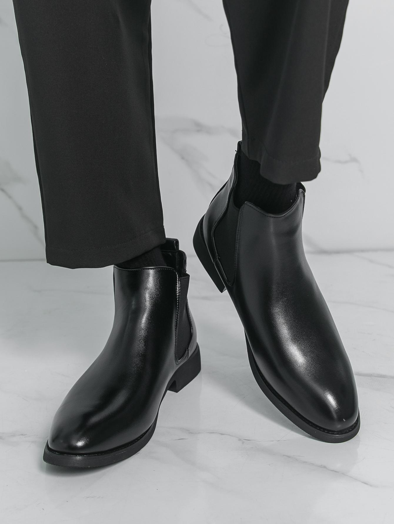 Trend Gloss Black Slip-On Chelsea Boots Dual Elastic Panels Pull Tab At Heel Block Heel Stitched Sole Daily Business Wedding Ankle Boots Walking Shoes