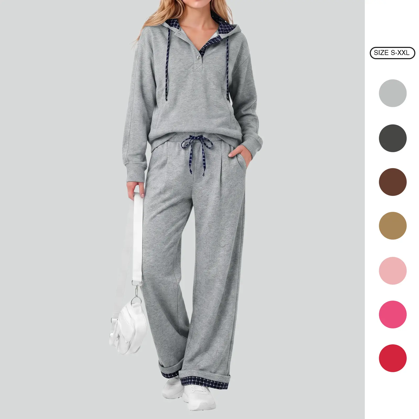 Imily Bela Women's 2 Piece Outfits Set Plaid Detail Hoodie and Wide Leg Sweatpants Matching Lounge Sets