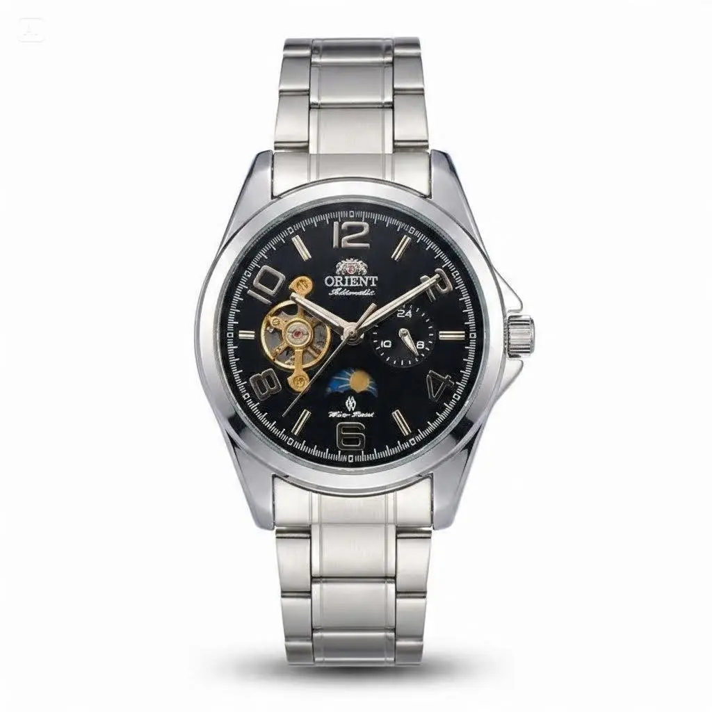 Automatic Mechanical Men’s Watch, Orient‑Style Open‑Heart Skeleton Wrist Watch with Moon Phase & 24‑Hour Sub‑Dial, Stainless Steel & Leather Band Options, Luminous Numerals, Waterproof Business Casual Dress Watch for Daily Work & Outdoor Activities, Ideal