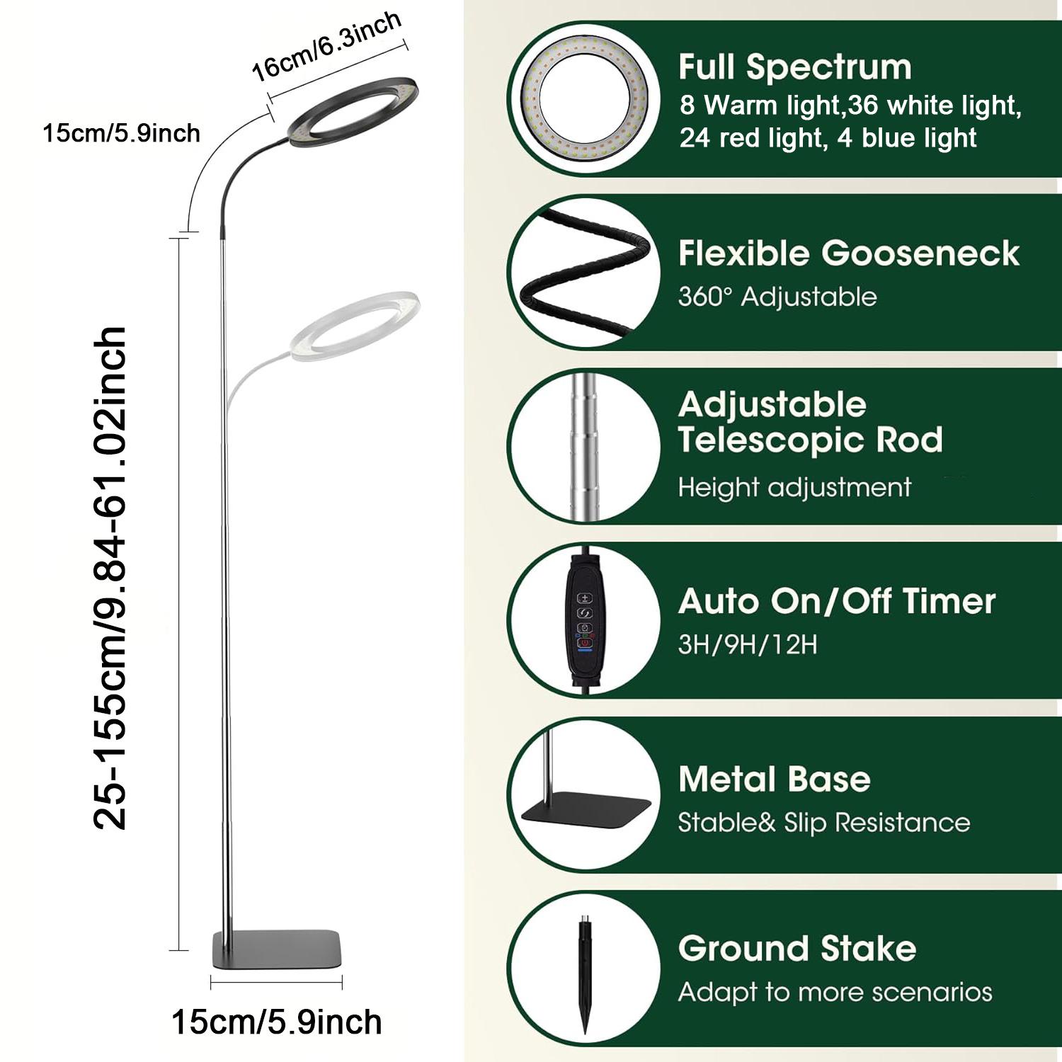 Serbasic Full Spectrum Grow Lights for Indoor Plants LED Floor Plant Light with Base and Earth Stick Dual Purpose Adjustable Height Stand 155cm/61inch for Large Plant 3 Switch Light Mode Auto Timer 3/9/12H 10 Level Brightness for Indoor Plants High Plants