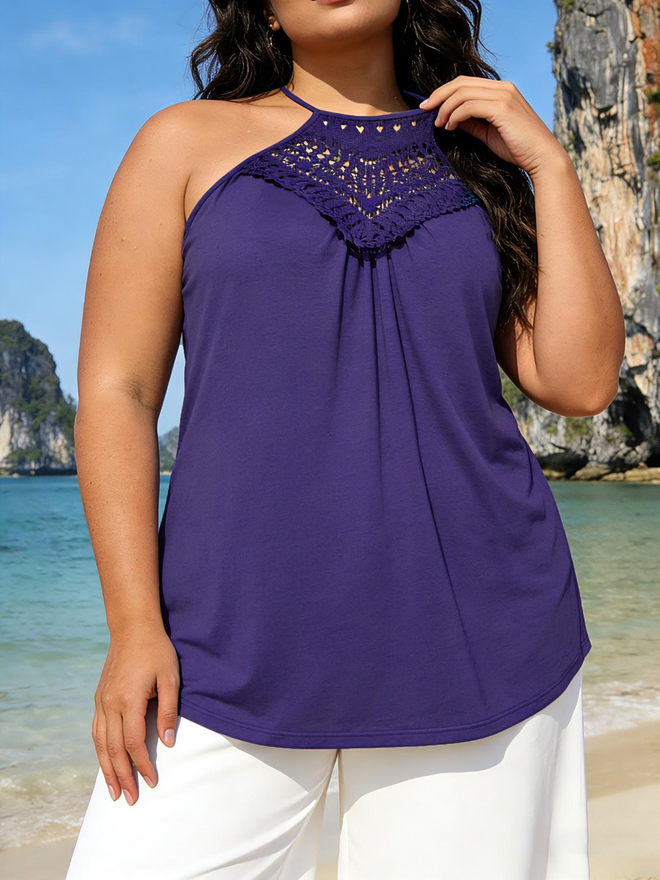 Plus Size Ruched Halter Top, Halter Neck, Lace Hook Design, Slimming Curve Enhancer, Summer Essential Beach Fitted Casual Tank, Women's Fashion