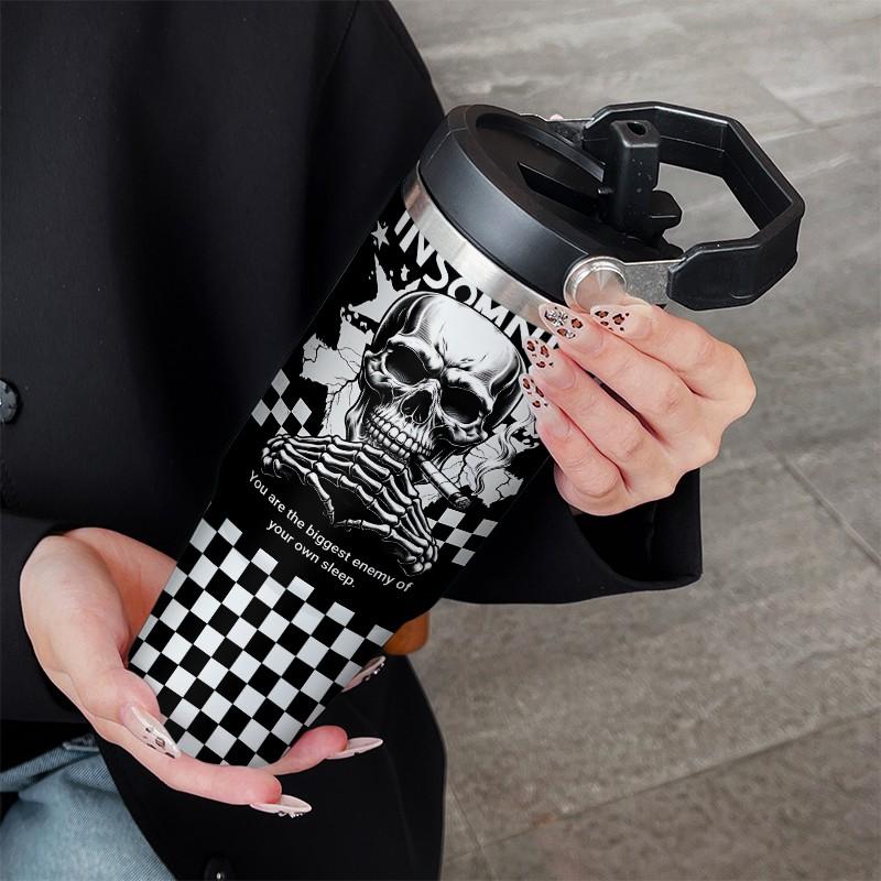 Loyr 30oz Insulated Travel Mug, Skull Design Stainless Steel Leak-Proof Straw Cup, Large Capacity Portable Cup for Commute Outdoor Use, Perfect Gift