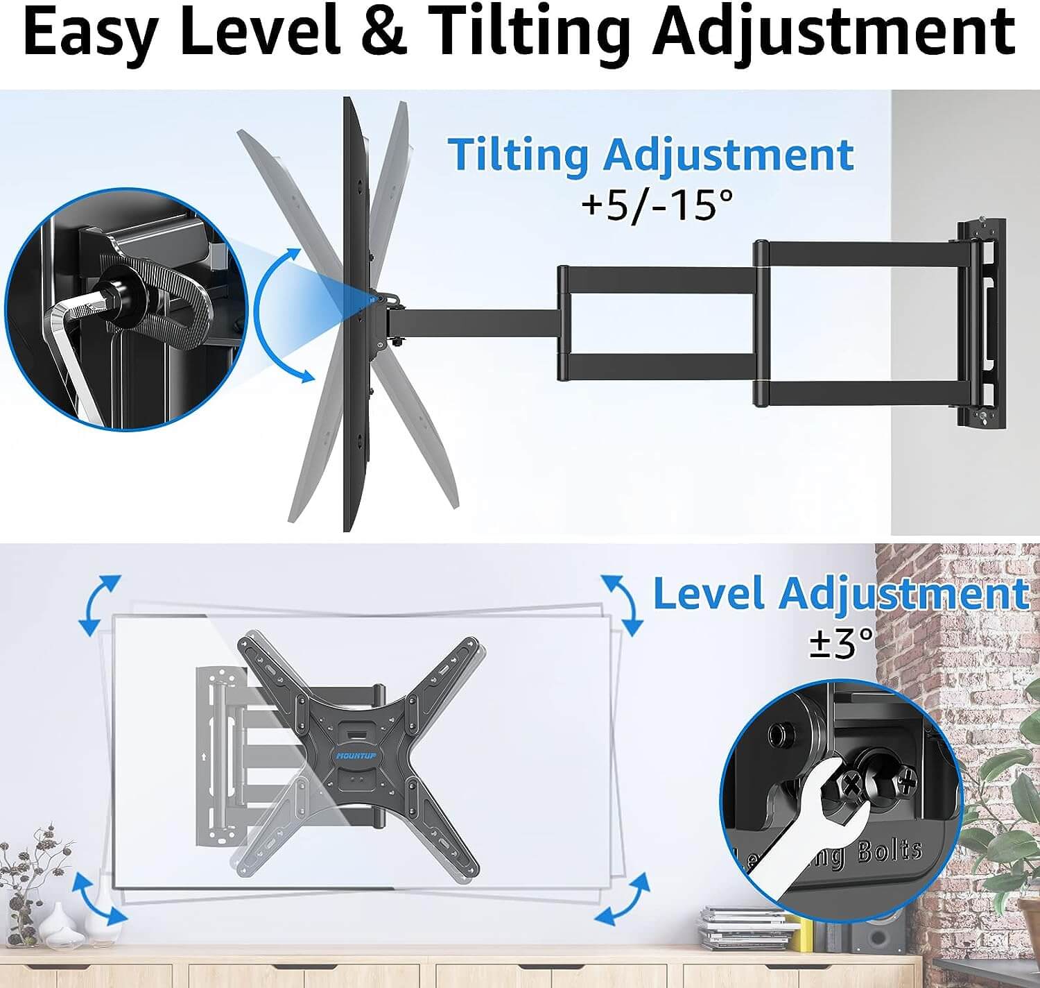 MOUNTUP 26"-60" Corner TV Wall Mount, Full Motion Long Arm TV Mount, Holds up to 77 lbs MU0057