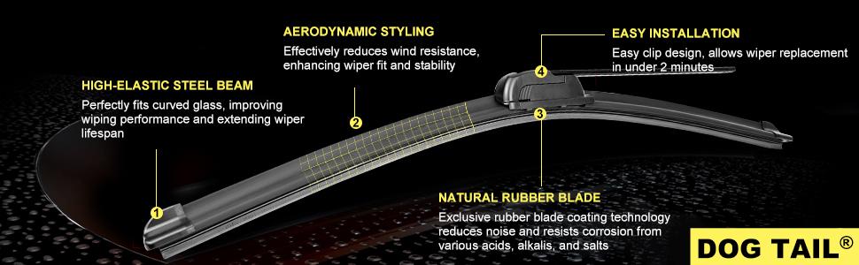 DOG TAIL All-Season Wiper Blade for J-Hook Wiper Arm - Zero Noise Zero Streaks - OEM Quality Classic Auto Accessories Car Parts Automotive Replacement DOG TAIL All-Season Wiper Blade for J-Hook Wiper Arm - Zero Noise Zero Streaks - OEM Quality Classic Auto Accessories Car Parts Automotive Replacement