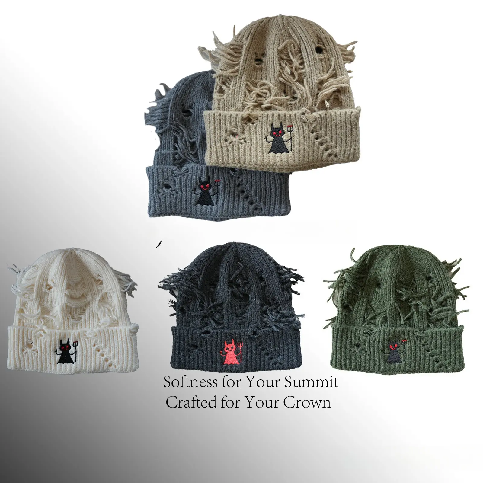 Y2K Distressed Ripped Knit Beanie Fashion Little Devil Horn Embroidered Skull Cap Grunge Hip Hop Punk Winter Hat Casual Streetwear Party Photo Props