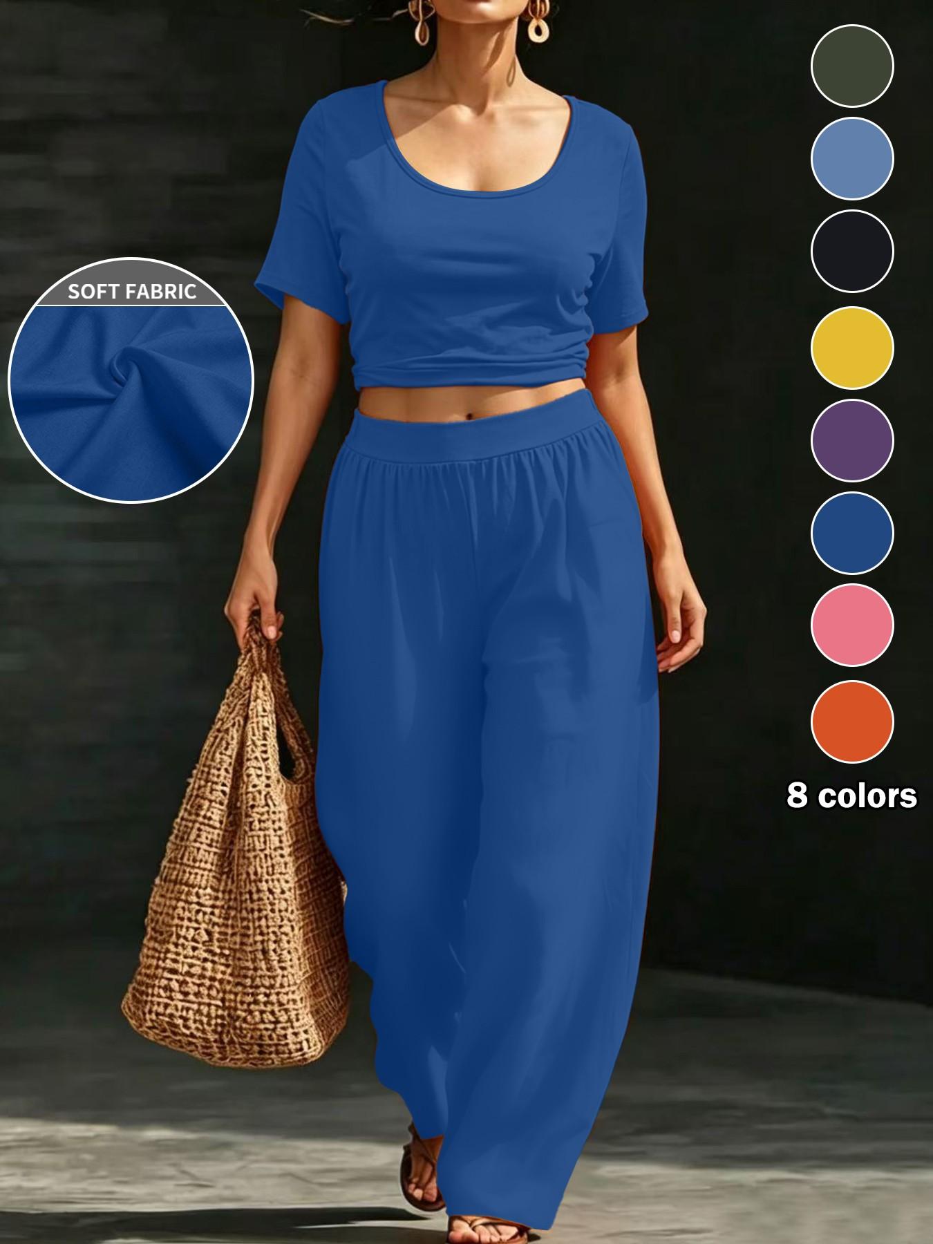 Plus Size Women's 8 Color Options, Casual Solid Shorts U-Neck Top + Loose Wide Leg Pants Set, Fit, Lazy Style, Daily Wear, Vacation, Home Essentials, Clothes