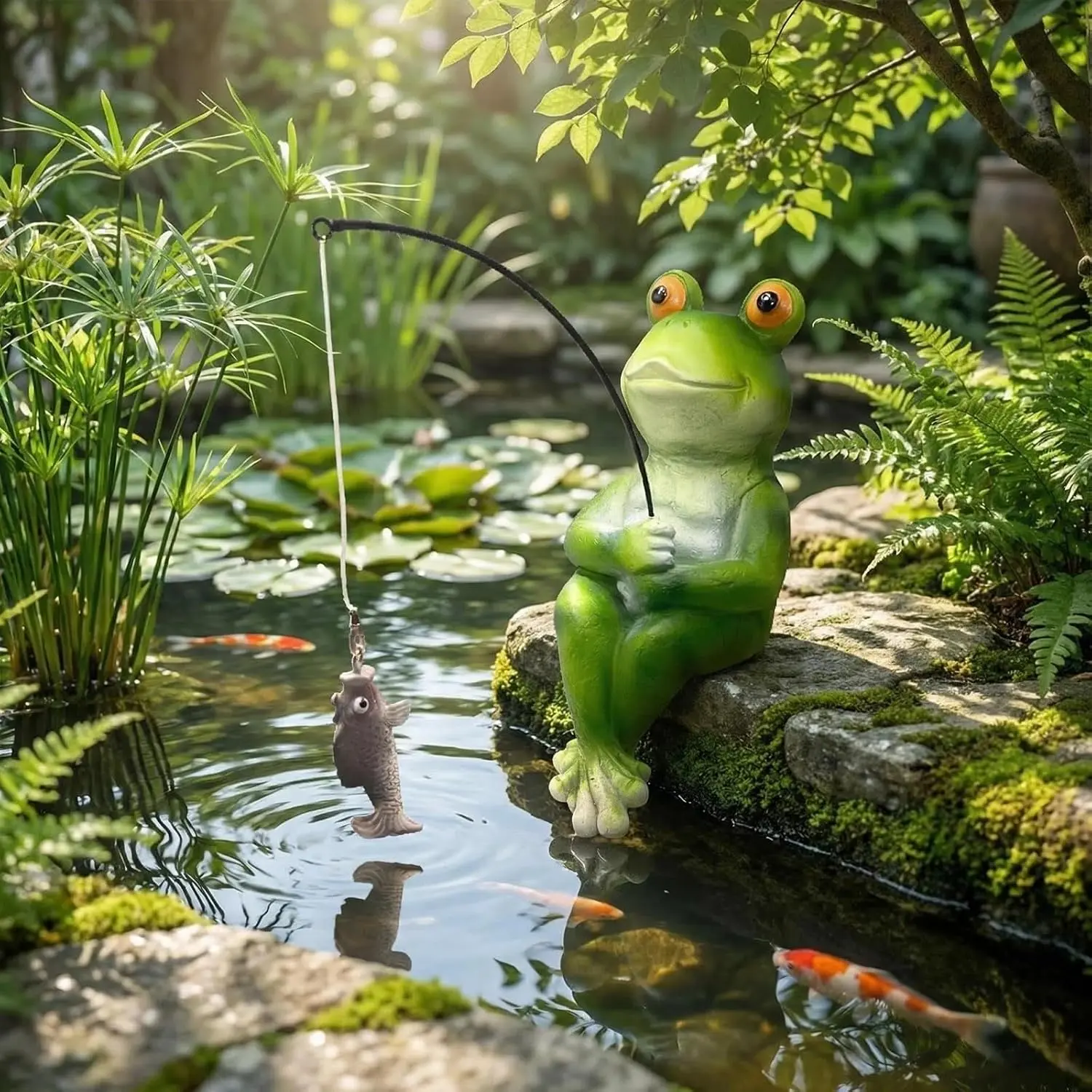 Fishing Frog  Statue Weatherproof Indoor Outdoor Pond Garden Figurine | 9.8" weatherproof  frog fishing decor, multi-scene pond & yard ornament, lovely  for nature lovers