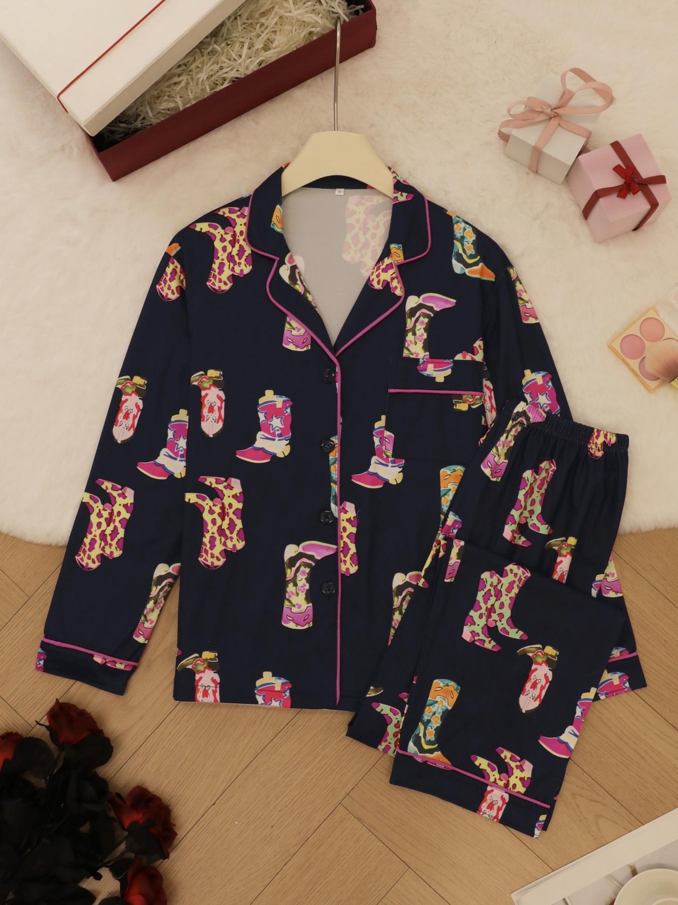 Women's Shoes Print Top & Pants Pyjama Set, Casual Comfy Long Sleeve Lapel Neck Top & Trousers Pyjama Set, Ladies Sleepwear for Spring & Fall, Casual Comfy Pajama