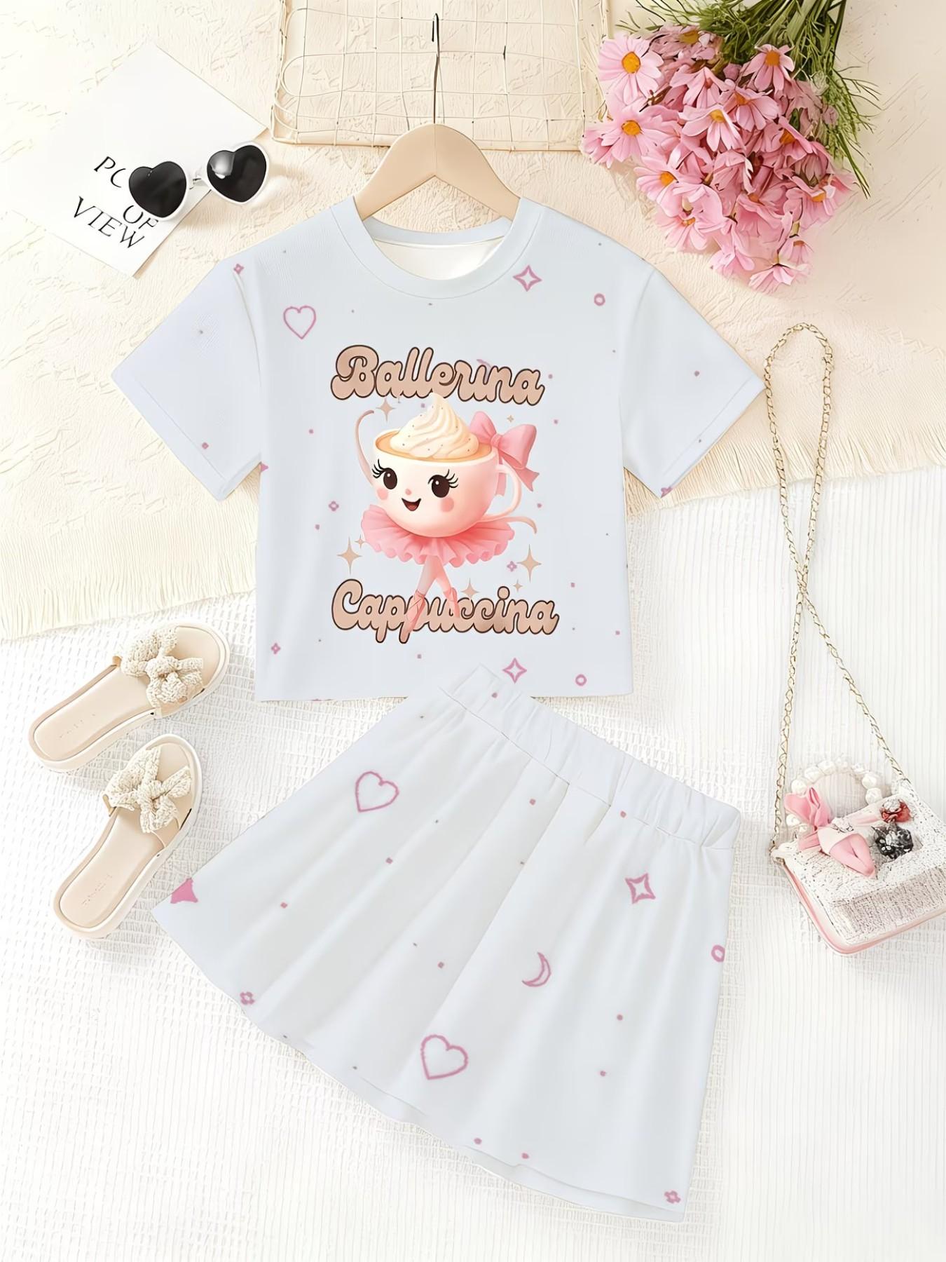 Girls' 3D Cartoon Print Top and Skirt Set, Summer Casual Slim-Fit, Round Neck Short Sleeve, Daily Wear for Kids