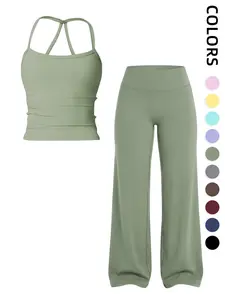 Women's Sportswear Set, Tank Top and Wide Leg Pants, Solid Color Yoga Straight Leg Pants, Comfortable Fashion Fitness Running