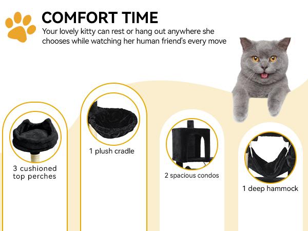 DWVO Tall Cat Tree Tower for Indoor Cats, 75in Multi-Level Cat Climbing Tower with Cat Condos, Top Perches, Hammock, Sisal Scratching Posts and Board, Kittens Play Activity Center