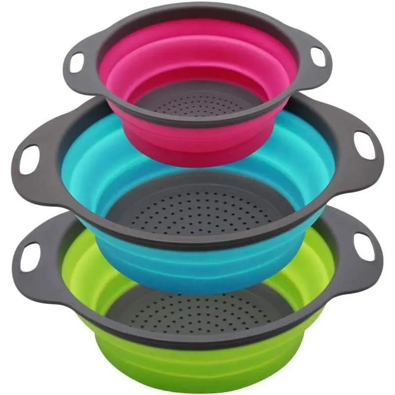 Kitchen filter set of 3 pieces, foldable silicone filter. Durable and sturdy, suitable for cleaning vegetables, fruits, etc. Plastic folding filter basket, versatile and adjustable, washing basin, vegetable basket, round silicone drain basket