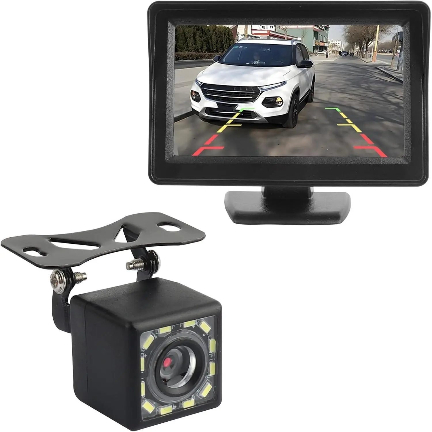 Plug & Play Backup Camera with Monitor 4.6'', 12 LED HD Rearview Mirror Camera for Night Vision, 150° Wide Angle Universal Car Reverse Camera System for 12V Cars SUVs