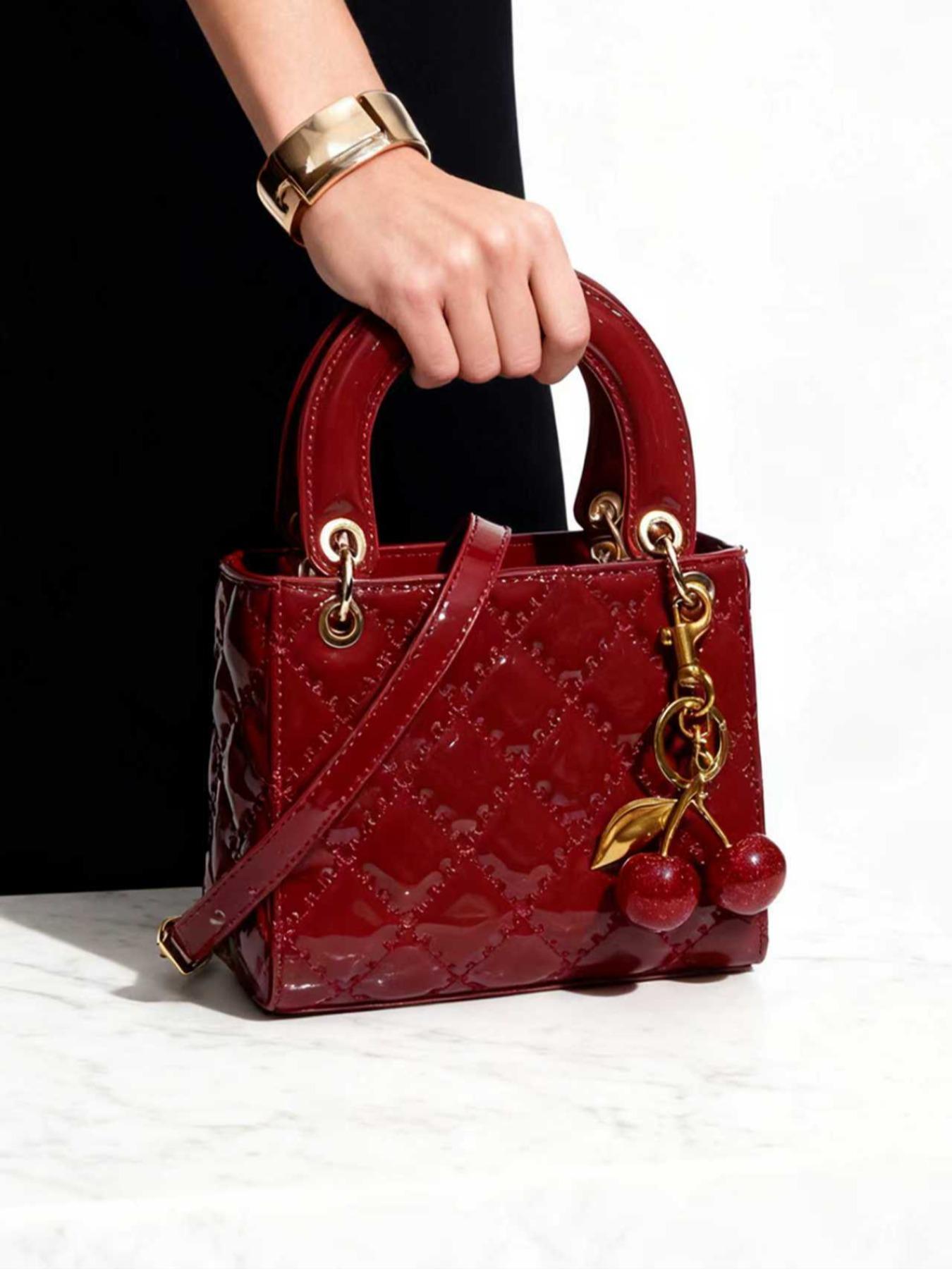 Checkered Bag with Cherry Charm, Fashionable Versatile Handbag, Casual Shoulder Crossbody Bag, Women's Stylish Tote, Convertible Shoulder Bags