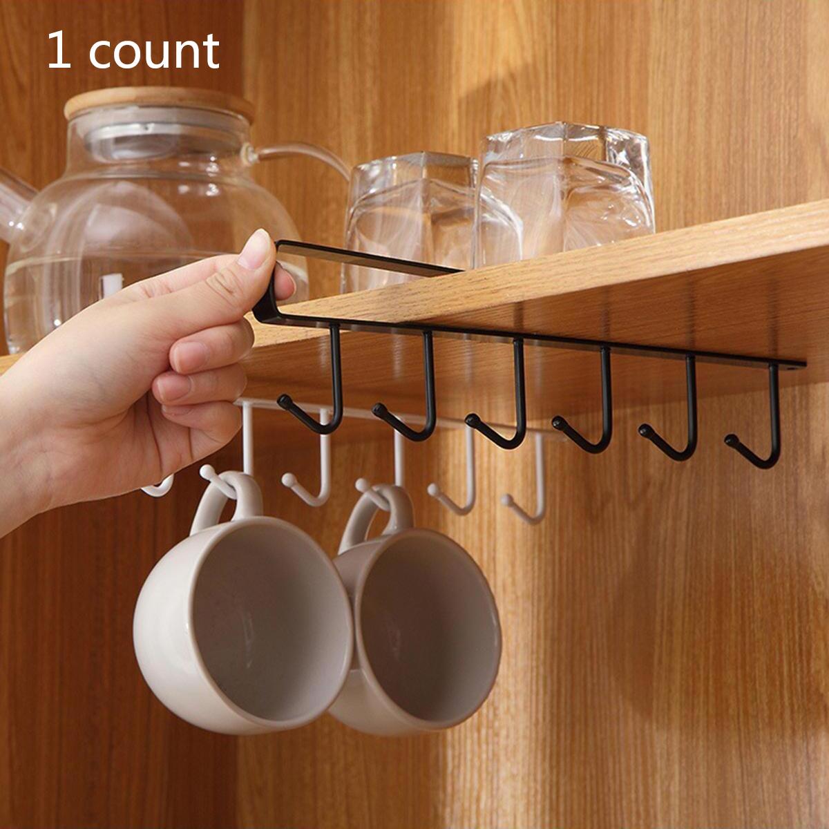 (Without Screws) Cup Hook Shelf, 1 Count Multifunctional Under Cabinet 6 Hooks Cup Storage Rack, Home Organizer for Kitchen Bathroom Bedroom Wall Mountable