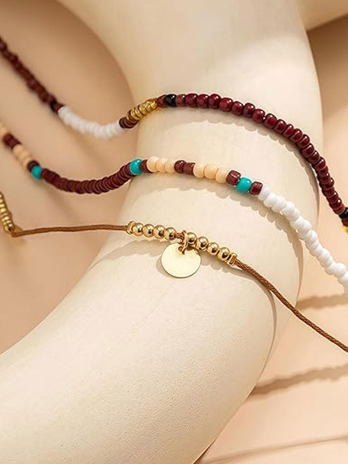 Bohemian Beaded Anklet Set (3 Pieces), Layered Anklet, Adjustable Multi-Layer Chain Ankle Bracelets for Women and Girls, Fashion Body Jewelry for Beach Party Vacation