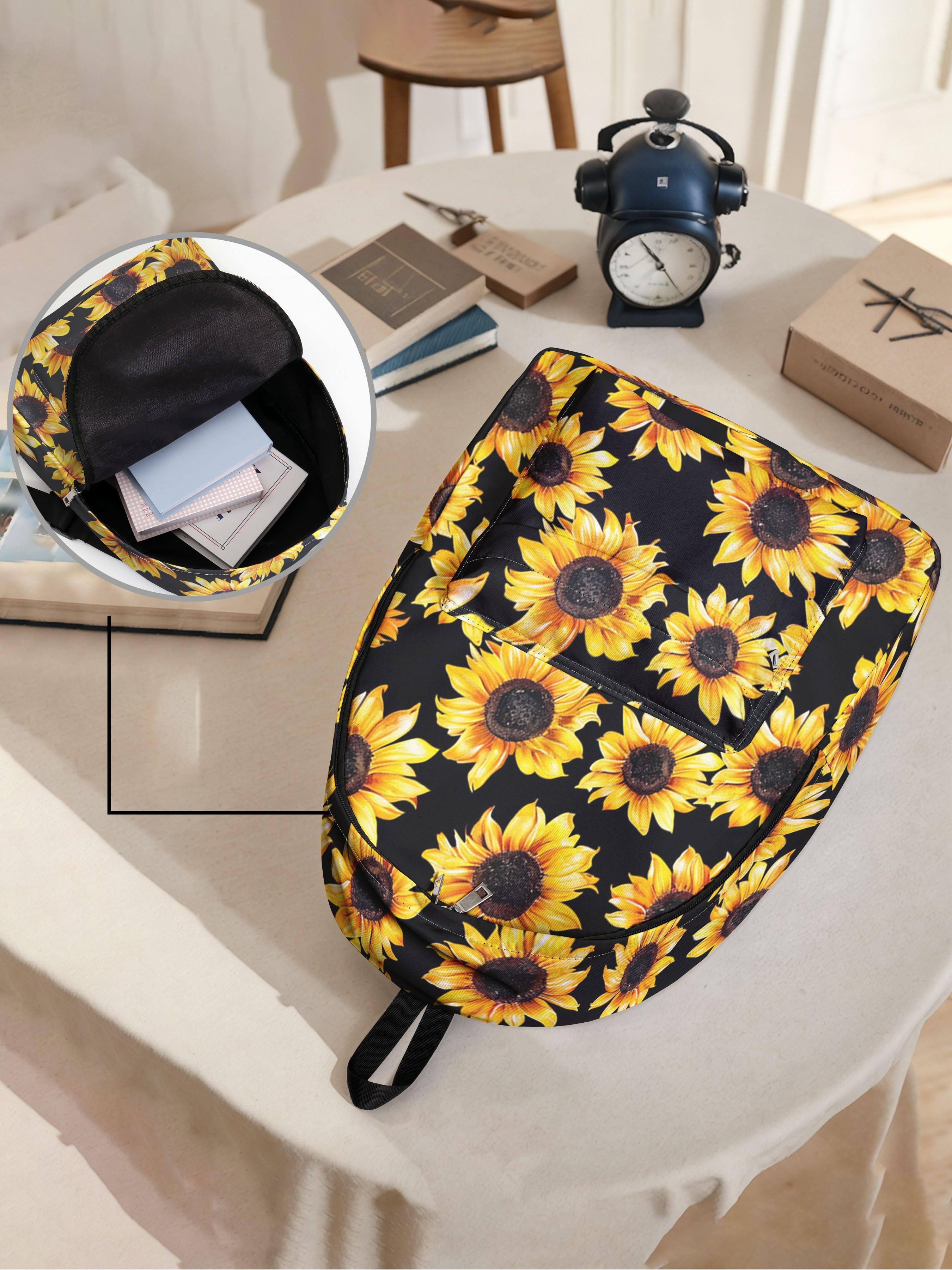 Sunflower Print Backpack, Fun Design, Fashionable Look, Spacious Storage, Ideal for School, Travel, Business Trips, All Seasons Use