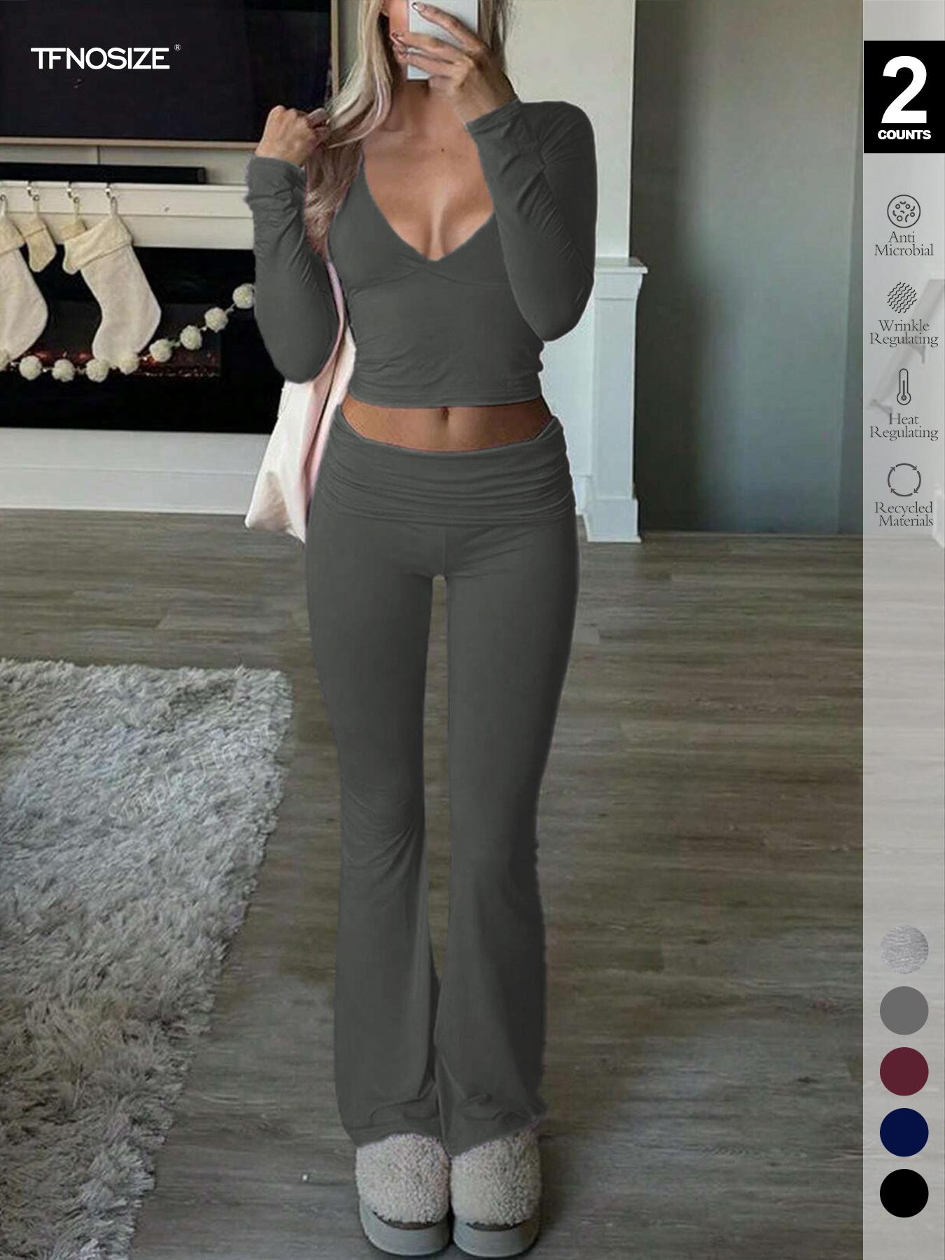 Women's 2/6 Piece Matching Set Long Sleeve Deep V Neck Crop Top and Foldover Flare Leggings Yoga Outfit Flare Pants Tracksuit