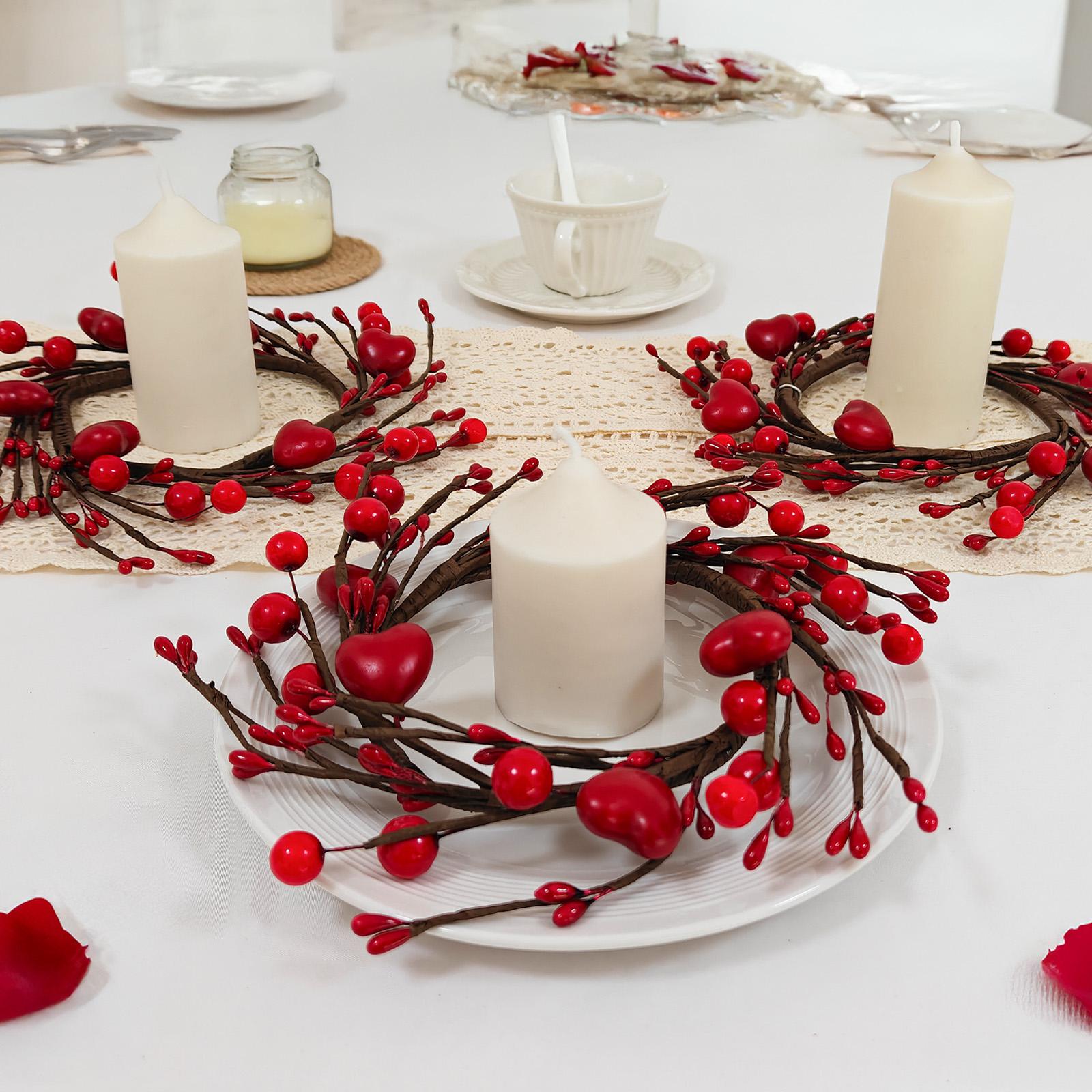 10-inch Valentine's Day wreath candlestick with small wreaths featuring red and pink hearts; suitable for dining table, window, and home Valentine's Day decorations, Home Decor Ornaments