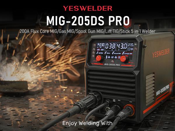 YESWELDER MIG-205DS-PRO Aluminum MIG Welder 205Amp | Synergic Control, 110/220V Dual Volts & Large LED Display | Gas/Flux Core/Spool Gun/Lift TIG/Stick Multiprocess Welding Machine