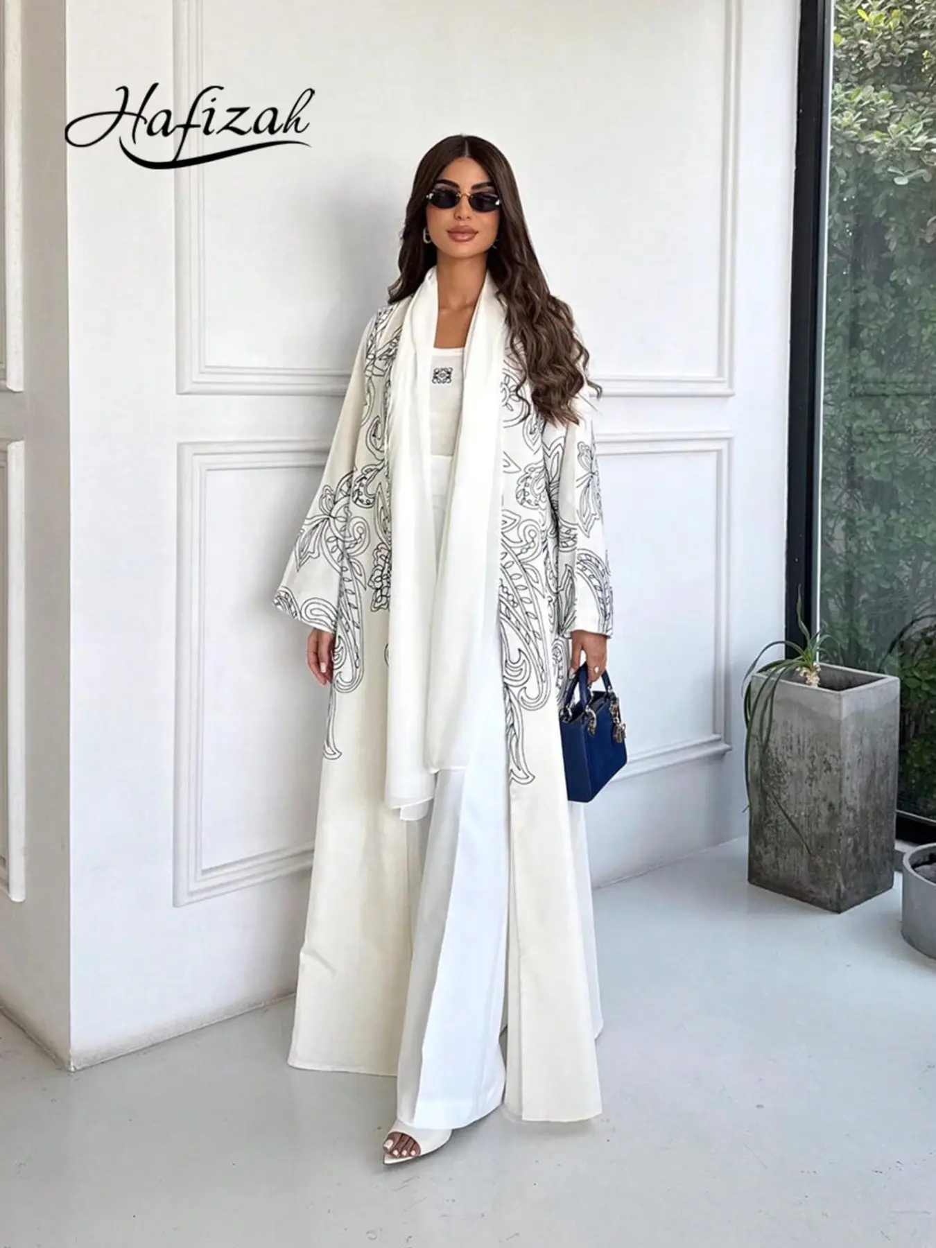 Women's Cream Color Abaya Cardigan with Matching Headscarf, Line Print Loose Long Robe, Elegant Muslim Style Long Coat
